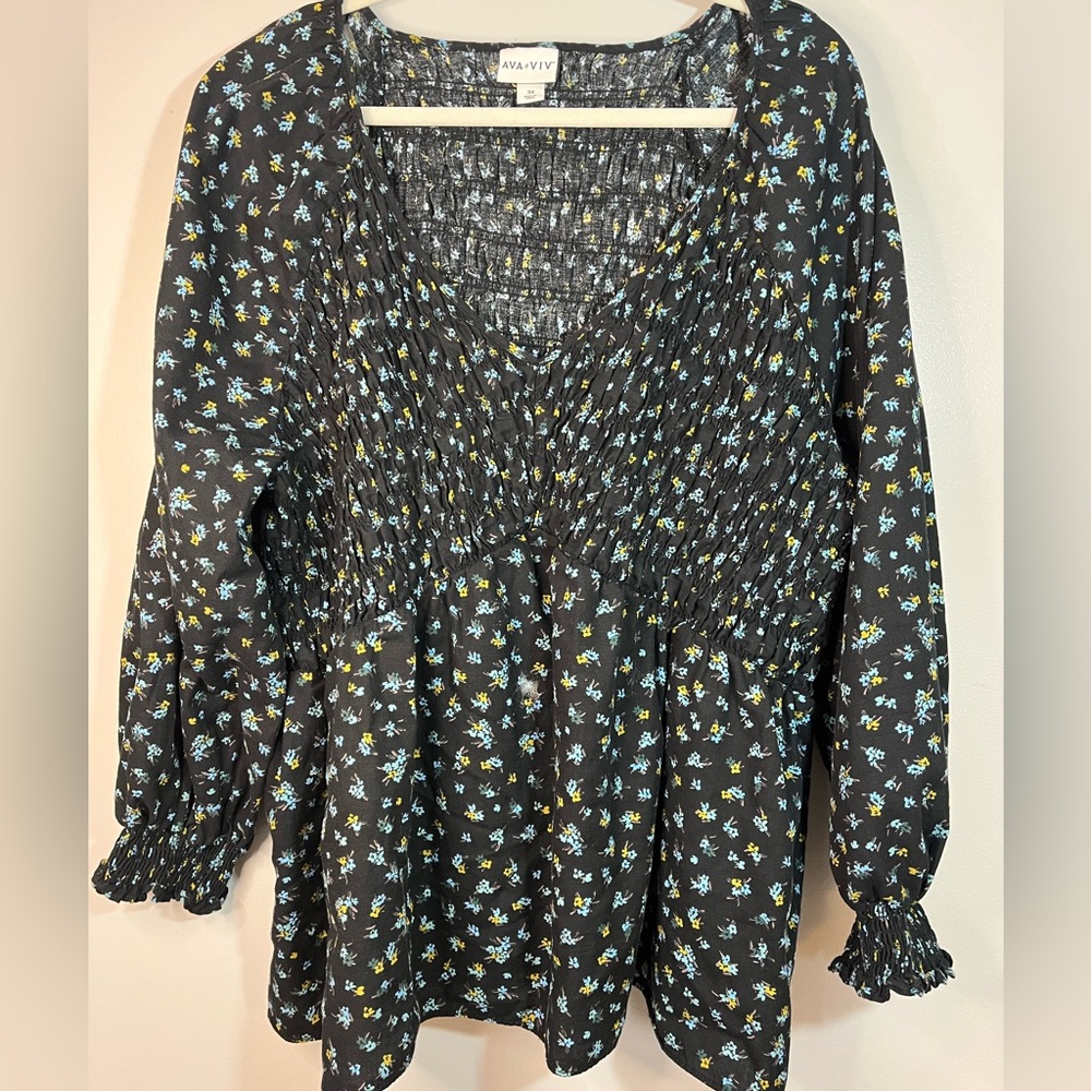 Ava & Viv Black Floral Peasant Flowy Boho Cotton Shirred Blouse Top Women’s 3X